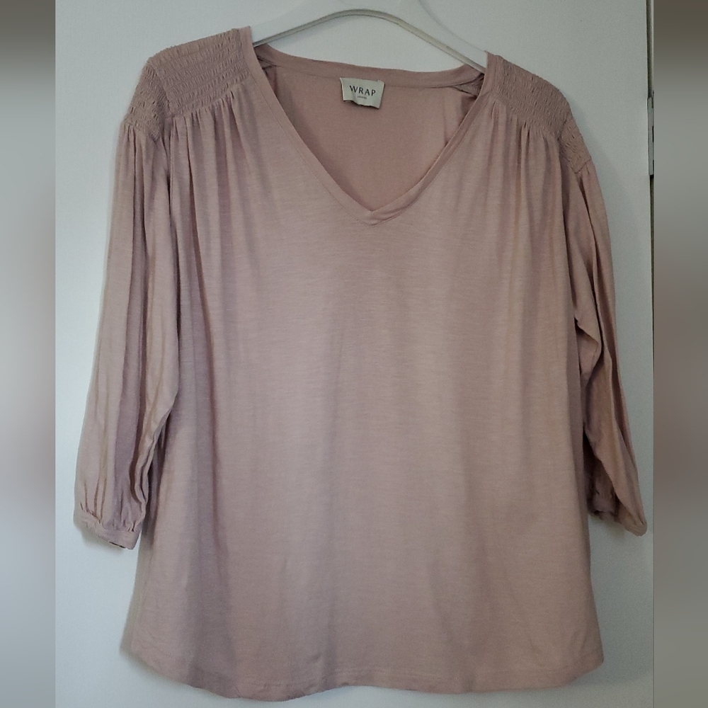 Wrap London Pink Blush 3/4 Sleeve Cotton Modal V-neck Top, 18, XXL